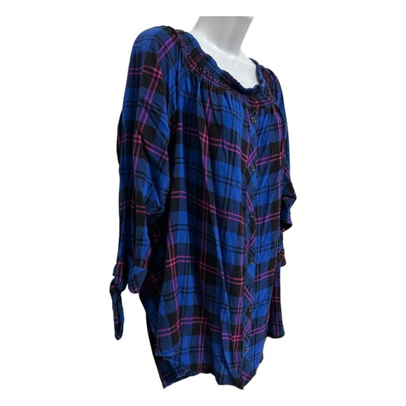 Paper Tee 3X Blue Womens Plus Blouse Plaid Off-Shoulder Button-Up Top Tie-Sleeve - Picture 5 of 11